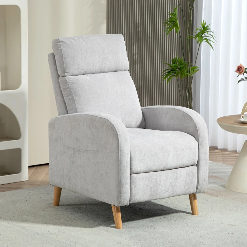 HOMCOM Poltrona Relax Reclinável Manual Estofada em Linho Sintético com Apoio para os Pés e Bolso Lateral 68x90x106 cm Cinza Claro