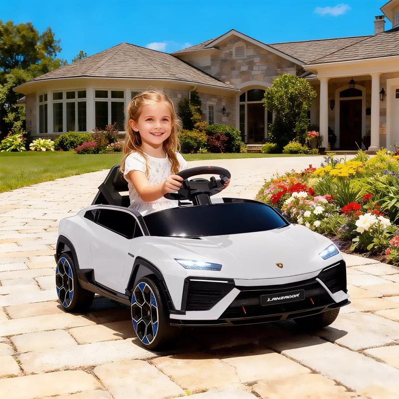 AIYAPLAY Voiture électrique enfant véhicule électrique Lamborghini 12V télécommande 2,4G et 2 moteurs vitesse max. 4 km/h blanc