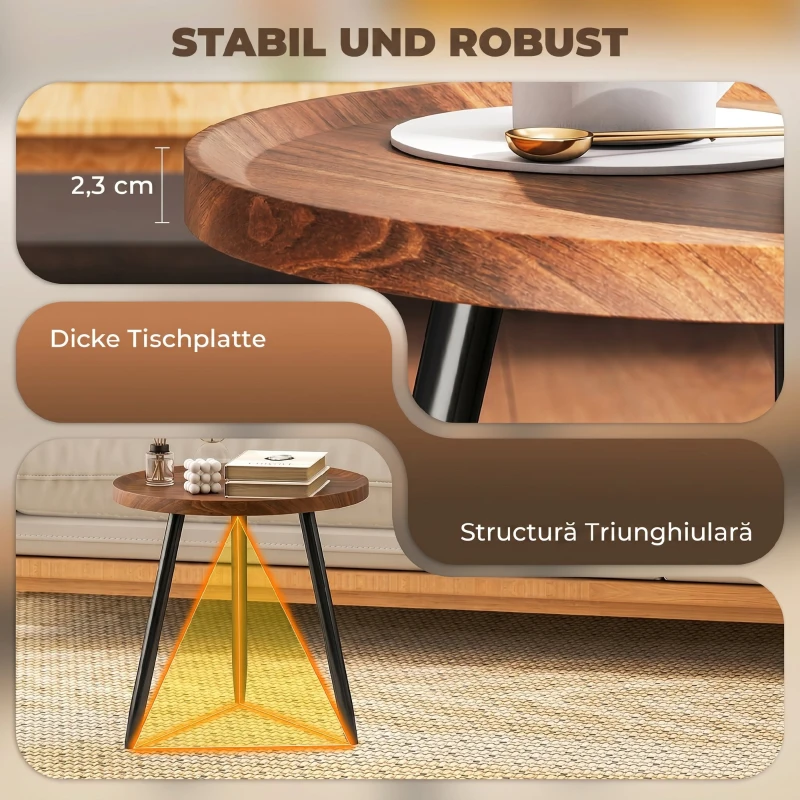 HOMCOM Măsuță de Cafea Rotundă cu Margine Ridicată și 3 Picioare, din Lemn și Oțel, Ø40x39 cm, Negru și Culoare Lemn