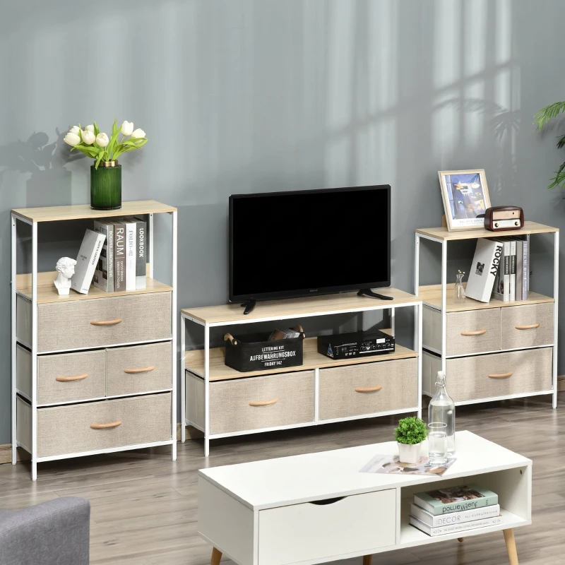 HOMCOM Dulap TV de 47" cu Sertare Pliabile din Material Textil și Raft din Metal și MDF, 98x29x56cm, Culoare Lemn