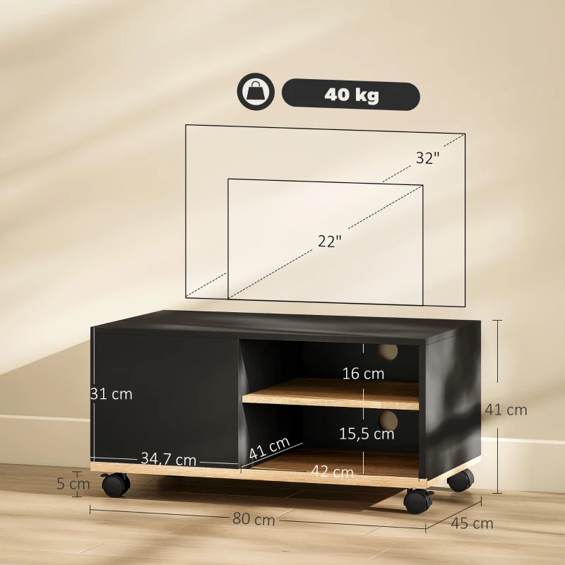 HOMCOM TV-Board auf Rollen mit Bremsen, TV-Möbel mit Schrank und verstellbarer Ablage, Schwarz und Eiche