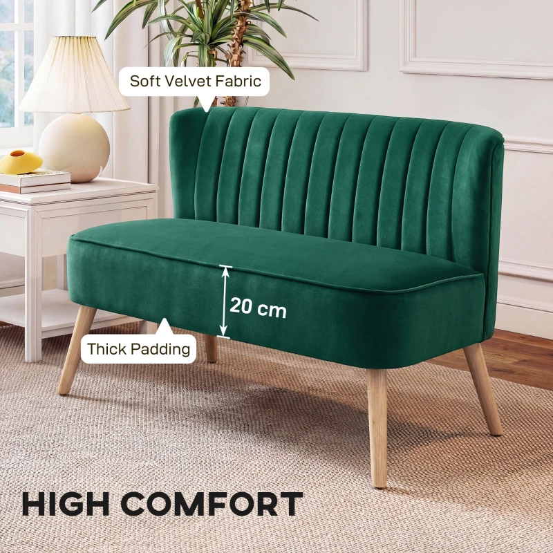 HOMCOM 117cm Loveseat Sofa Upholstered Small 2 Seater Sofa  with Thick Padded Seat and Rubber Wood Legs, Dark Green
