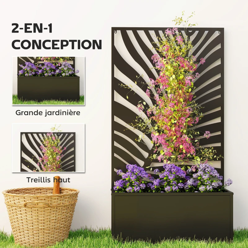 Outsunny Jardinière avec treillis, bac à fleurs avec brise-vue en métal, pour cour, jardin, balcon, 61 x 23 x 113 cm, noir