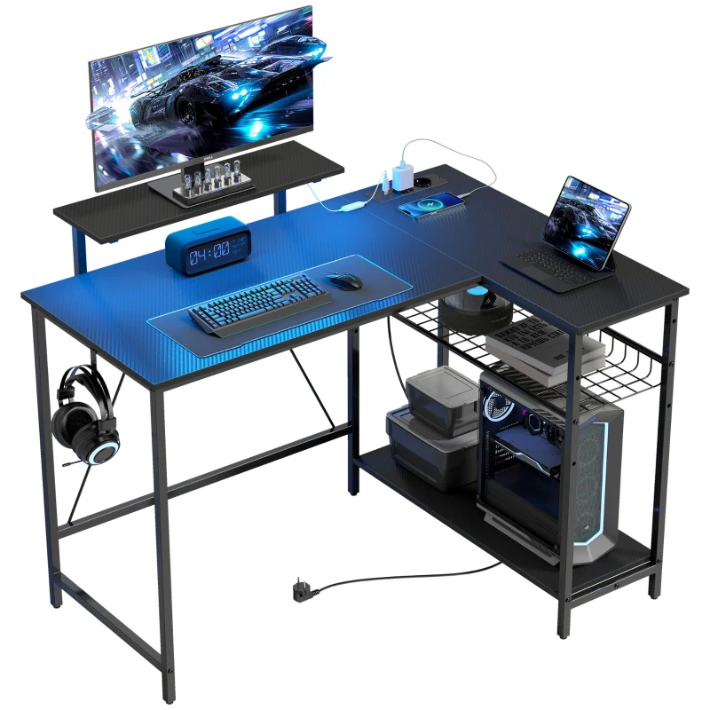 HOMCOM Scrivania Gaming Angolare con LED, Prese Elettriche, Supporto per Monitor e Scaffale, Nero