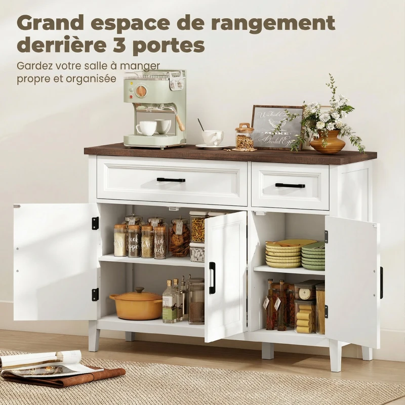 HOMCOM Buffet salon, meuble de rangement avec 3 portes en chevron, 2 tiroirs et 2 étagères réglables, 110 x 35 x 80,5 cm, blanc