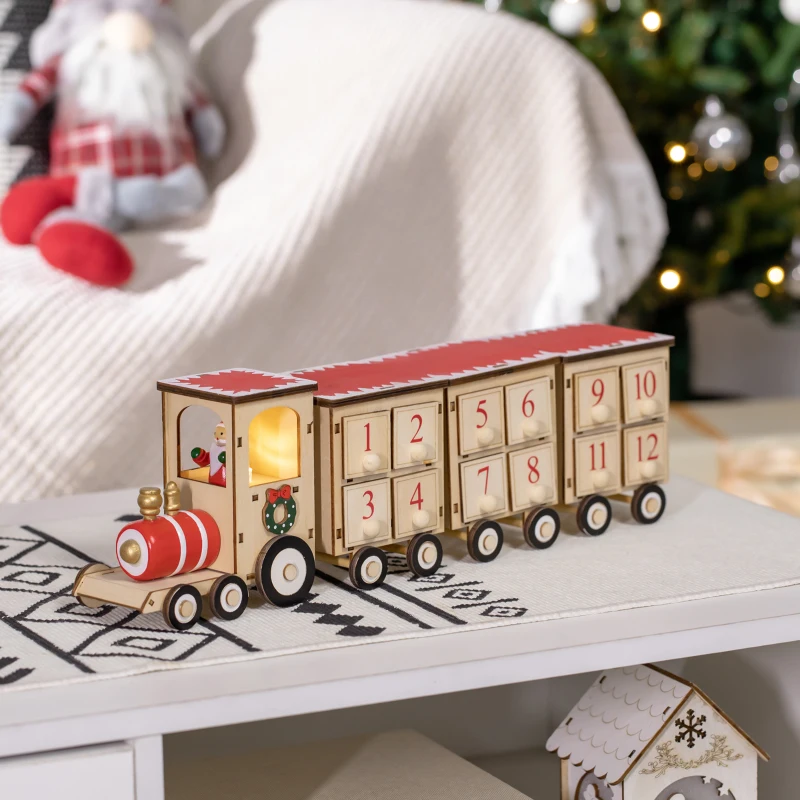 HOMCOM Calendrier de l'avent LED en forme de train en bois Décoration de Noël Train miniature sur table- 1 lumière avec 24 tiroirs 40 x 8 x 11 cm