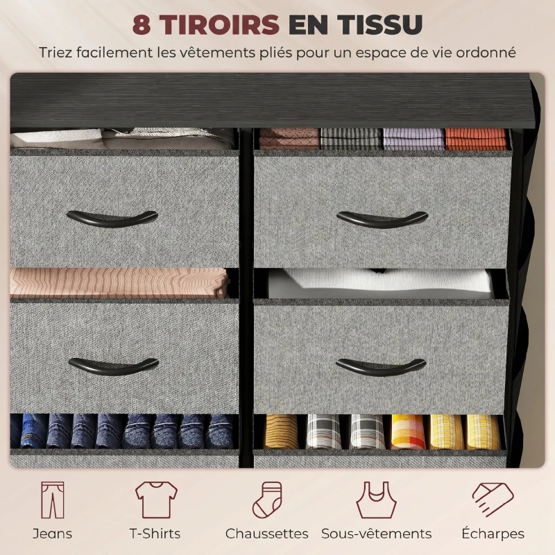 HOMCOM Commode 8 tiroirs en tissu, meuble de rangement avec 4 poches, 2 crochets, structure en acier, 86 x 30 x 94,5 cm, gris