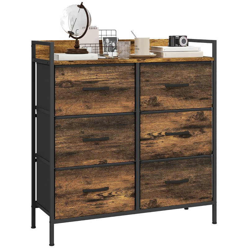 HOMCOM Commode, meuble de rangement pour chambre 6 tiroirs tissu non tissé cadre en acier, 79 x 29 x 85 cm, effet bois d'acajou