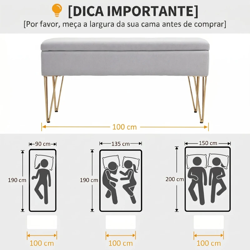 HOMCOM Banco para o Pé da Cama Estofado em Tecido Sintético com Pernas de Aço e Assento Acolchoado Cinzento Claro