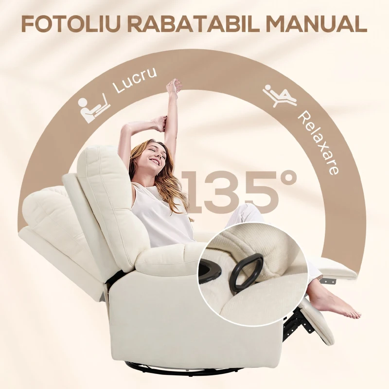 HOMCOM Fotoliu Reclinabil 135° cu Suport pentru Pahare și Suport pentru Picioare, din Țesătură cu Aspect de In, 88x96x108 cm, Bej