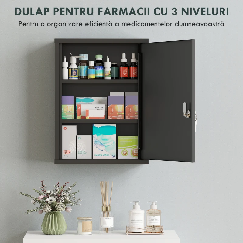 kleankin Dulap pentru medicamente pentru montare pe perete cu încuietoare, dulap de perete din oțel în 3 trepte, 40 x 15 x 53,5 cm, negru