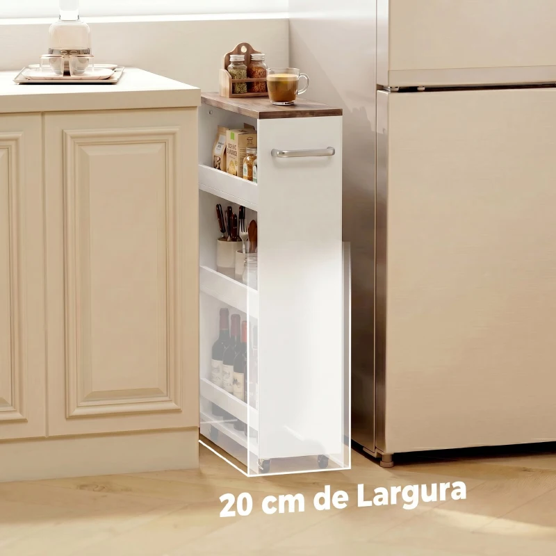 HOMCOM Carrinho de Cozinha Estreito de 3 Níveis com Rodas para Espaços Reduzidos, Sala de Jantar ou Sala, Branco