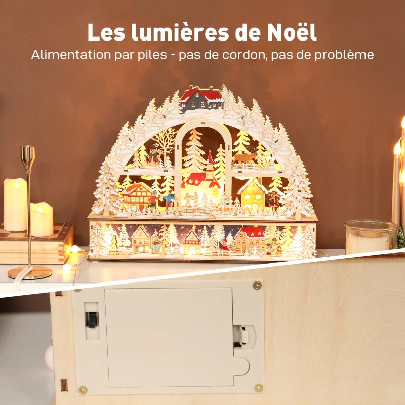 HOMCOM Village de Noël lumineux avec 20 LED, village de Noël animé en arc, fonctionne sur piles, 45 x 10 x 35 cm, bois naturel