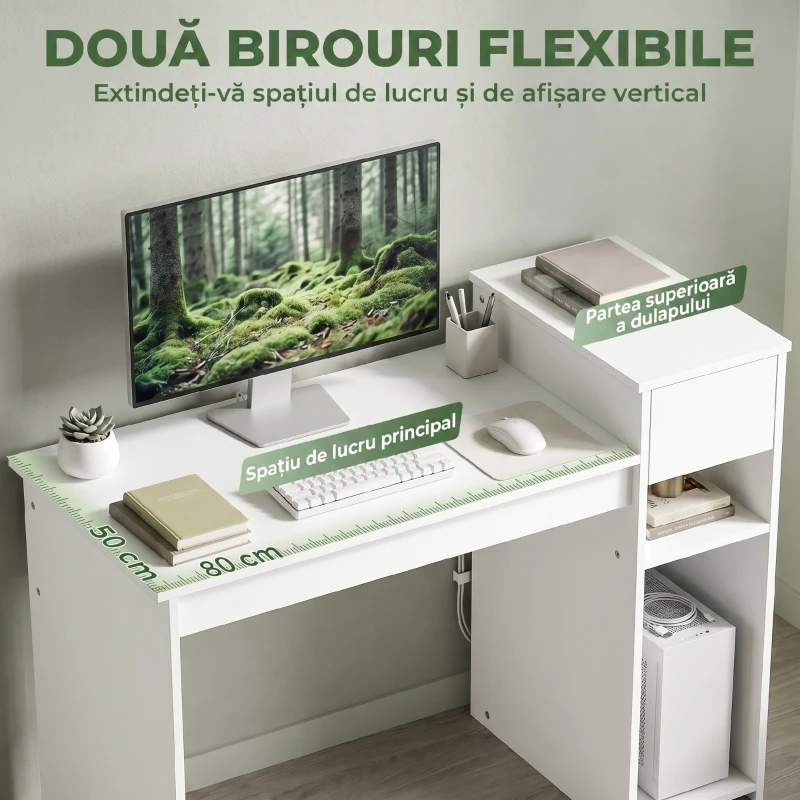 HOMCOM Birou pentru Studiu și Scris cu Sertar și Rafturi, 108 cm, Alb