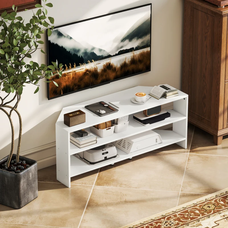 HOMCOM Mobil TV de colț pentru 47" max cu 2 rafturi deschise, din lemn, 110x36x45 cm, alb