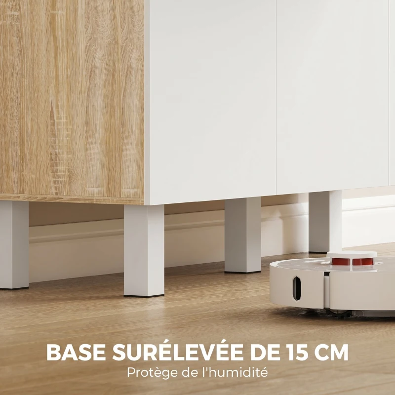 HOMCOM Buffet haut cuisine, armoire de cuisine, 6 portes, tiroir et étagères ouvertes, 120x40x175cm, blanc et bois naturel