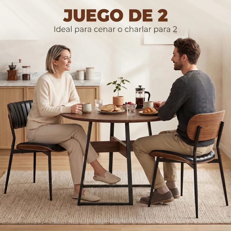 HOMCOM Set de 2 Sillas de Comedor Tapizadas de Piel Sintética con Respaldo Curvo Patas de Metal 49,5x49,5x80 cm Negro y Marrón