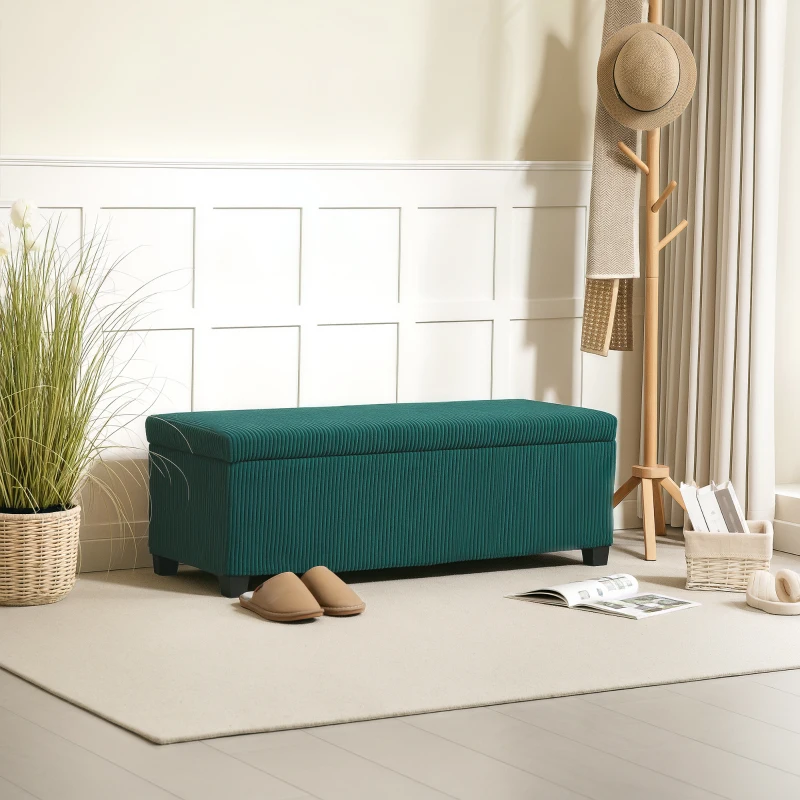 HOMCOM Banc de rangement bout de lit en velours côtelé avec couvercle, pour salon, chambre, entrée, 112 x 42 x 40 cm, vert