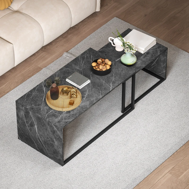 HOMCOM Lot de 2 tables basses gigognes design industriel encastrable en métal noir et effet marbre gris foncé