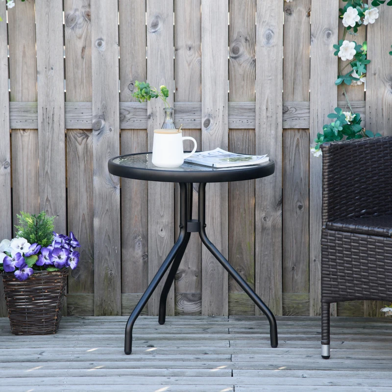 Outsunny Beistelltisch Garten wetterfester Gartentisch mit Glastischplatte, Balkontisch aus Metall Ø50x55H cm