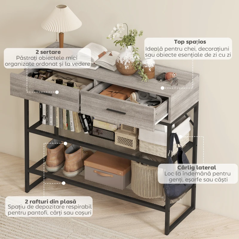 HOMCOM Consolă de Intrare cu 2 Sertare, 2 Rafturi din Plasă și Cârlig Lateral, Consolă în Lemn și Metal, Măsuță de Intrare pentru Dormitor, 100x35x92 cm, Gri Deschis