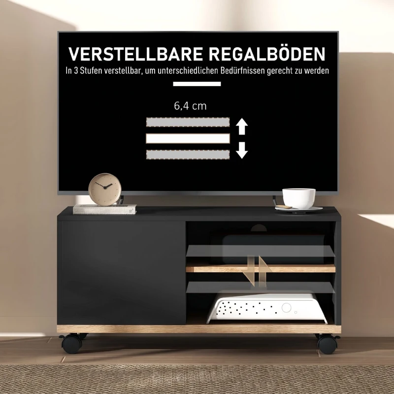 HOMCOM TV-Board auf Rollen mit Bremsen, TV-Möbel mit Schrank und verstellbarer Ablage, Schwarz und Eiche