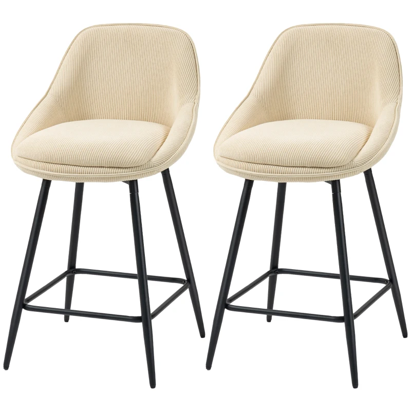 HOMCOM Lot de 2 tabourets de bar en tissu velours côtelé, chaises de bar avec dossier courbé, repose-pieds, 49x52x88cm, beige(m-12)