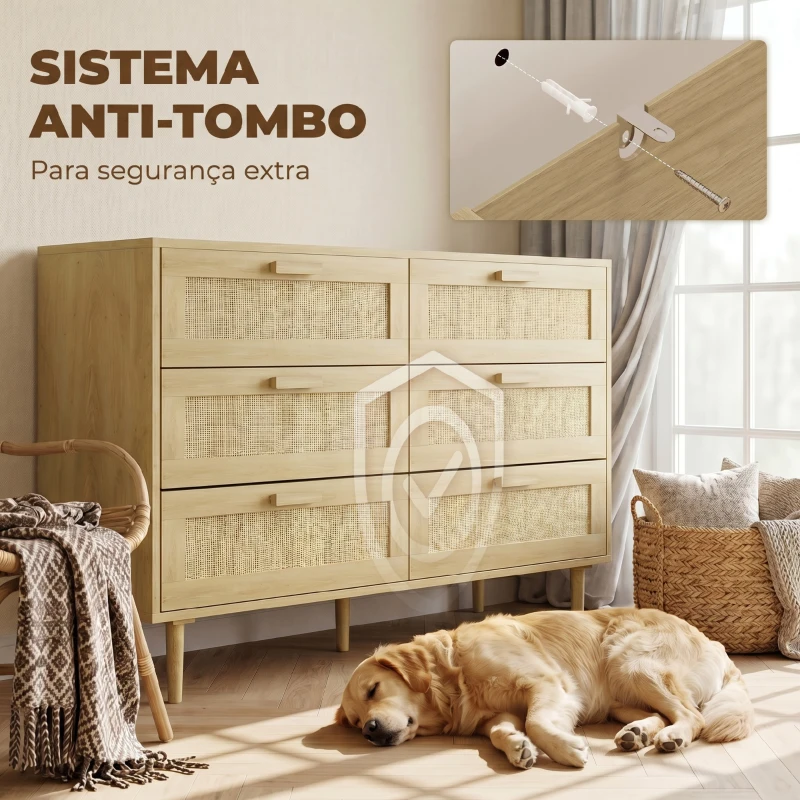 HOMCOM Cómoda para Quarto com 6 Gavetas e Frontal de Vime Pés de Madeira Estilo Bohemio 110x40x75 cm Madeira