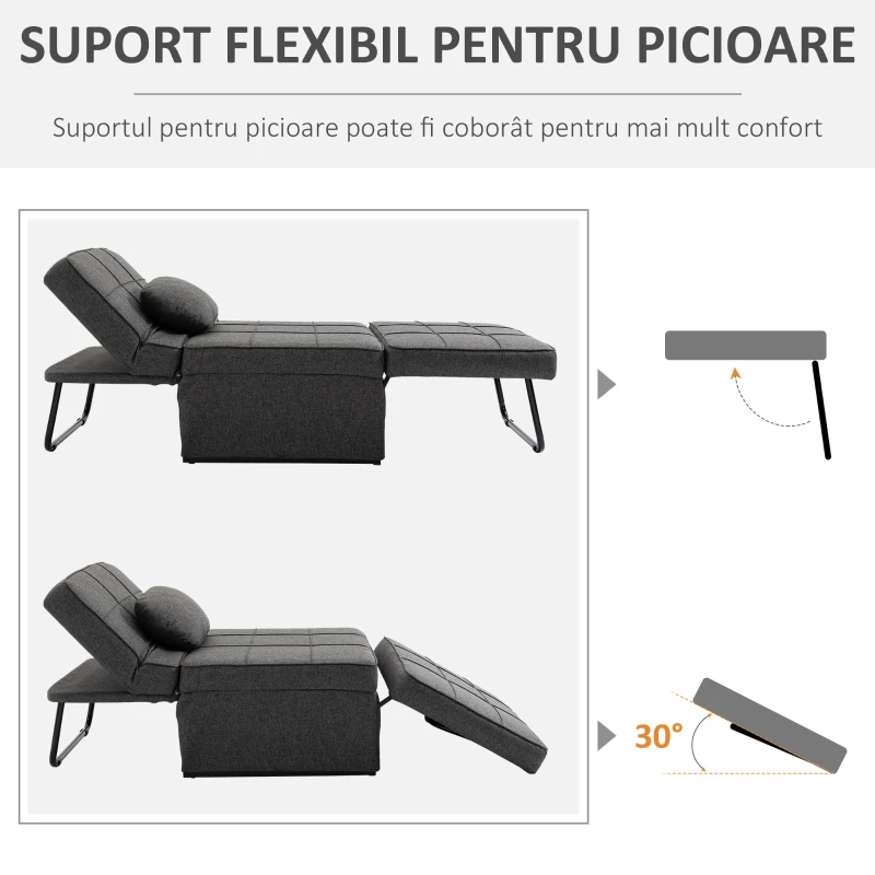 HOMCOM Fotoliu Pat 4 în 1 cu Spătar Reglabil și Pernă din Material Textil cu Aspect de In, 95x179x78 cm, Gri(m-6)