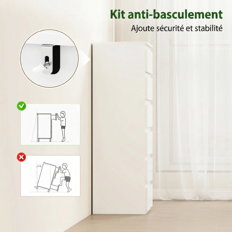 HOMCOM Commode 6 tiroirs à haute brillance, meuble de rangement étroit sans poignées, 40 x 35 x 109 cm, blanc