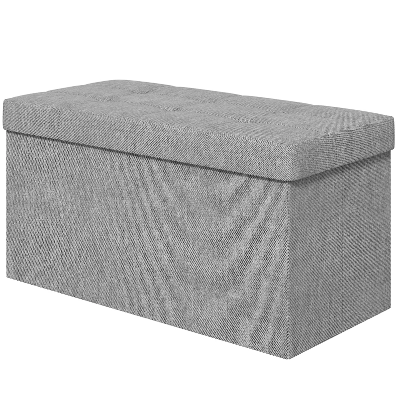 HOMCOM Baú de Arrumação 84L Puff de Arrumação Dobrável Estofado em Linho Sintético com Tampa 76x38x38 cm Cinzento Claro