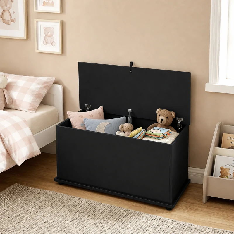 HOMCOM Baúl de Almacenaje 102L con Bisagra de Seguridad Estilo Moderno para Pasillo Dormitorio Salón 80x40x45 cm Negro