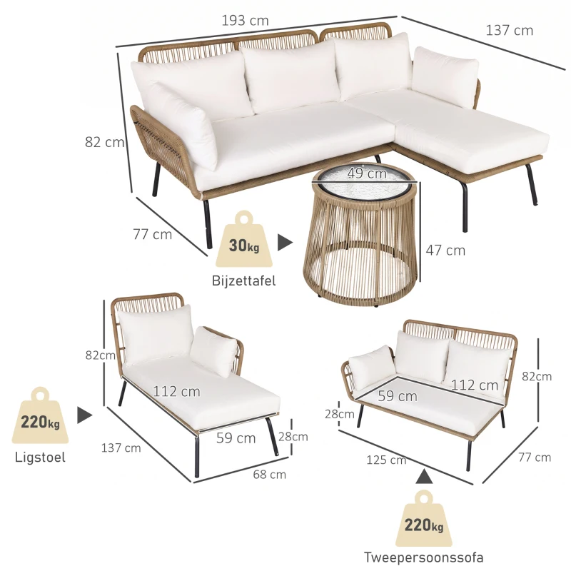 Outsunny Loungeset l-vormige rattan bank set tuin rattan bank tuin zwembad Koffie en Crème