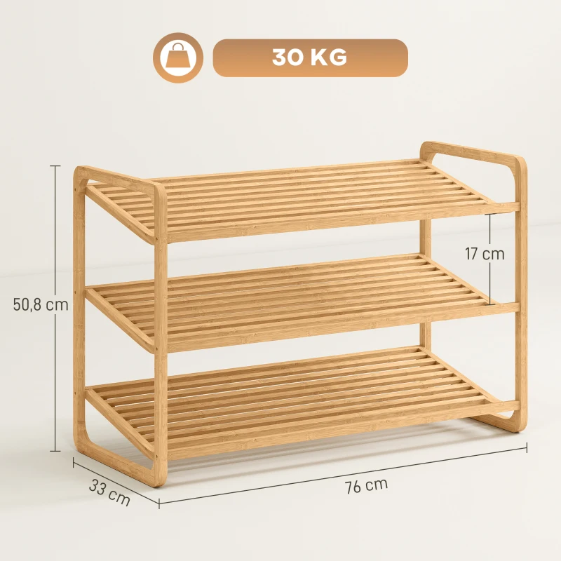 HOMCOM Scaffale Scarpiera a 3 Livelli per 12 Scarpe con Ripiani a Doghe in Bambù, 76x33x50.8 cm, Colore Legno