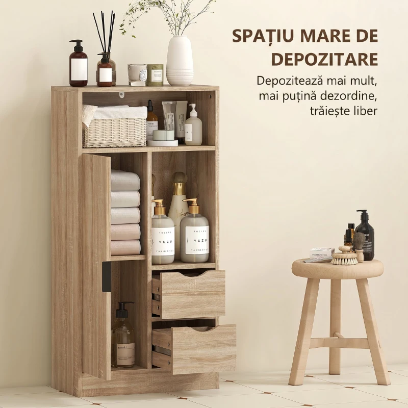 HOMCOM Mobilă de baie compactă Slim cu 2 sertare, rafturi și dulap, 50x25x100 cm, lemn natural