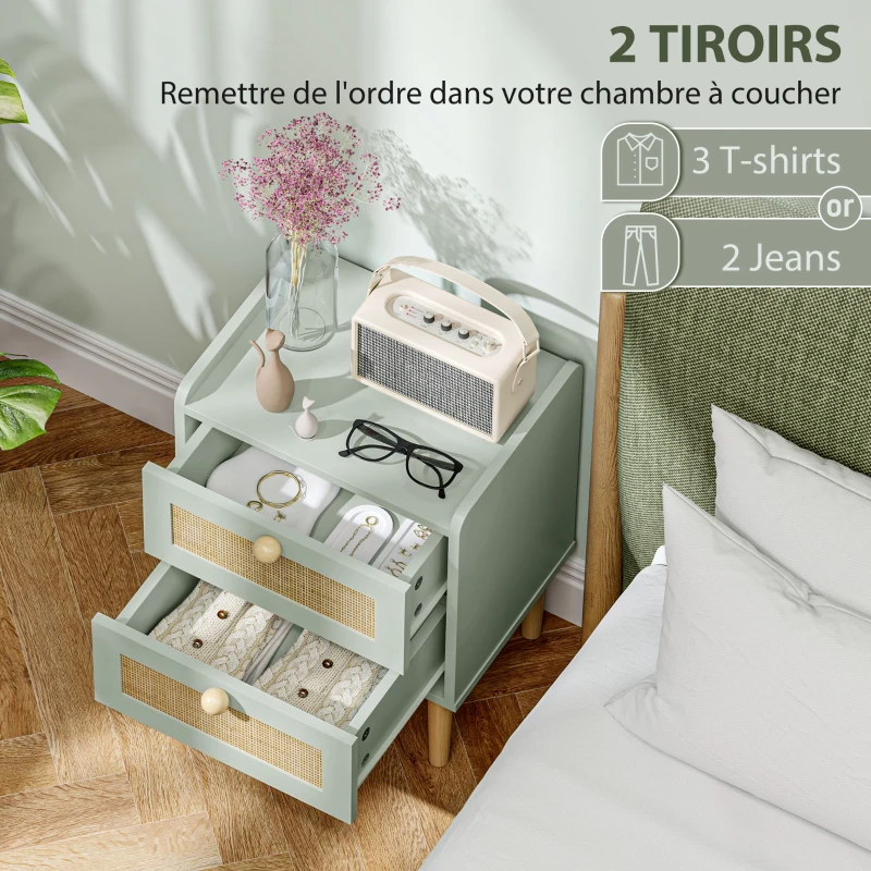HOMCOM Table de chevet, table de nuit avec 2 tiroirs en effet rotin naturel et cadre en bois, 39,8 x 30 x 52,5 cm, vert olive
