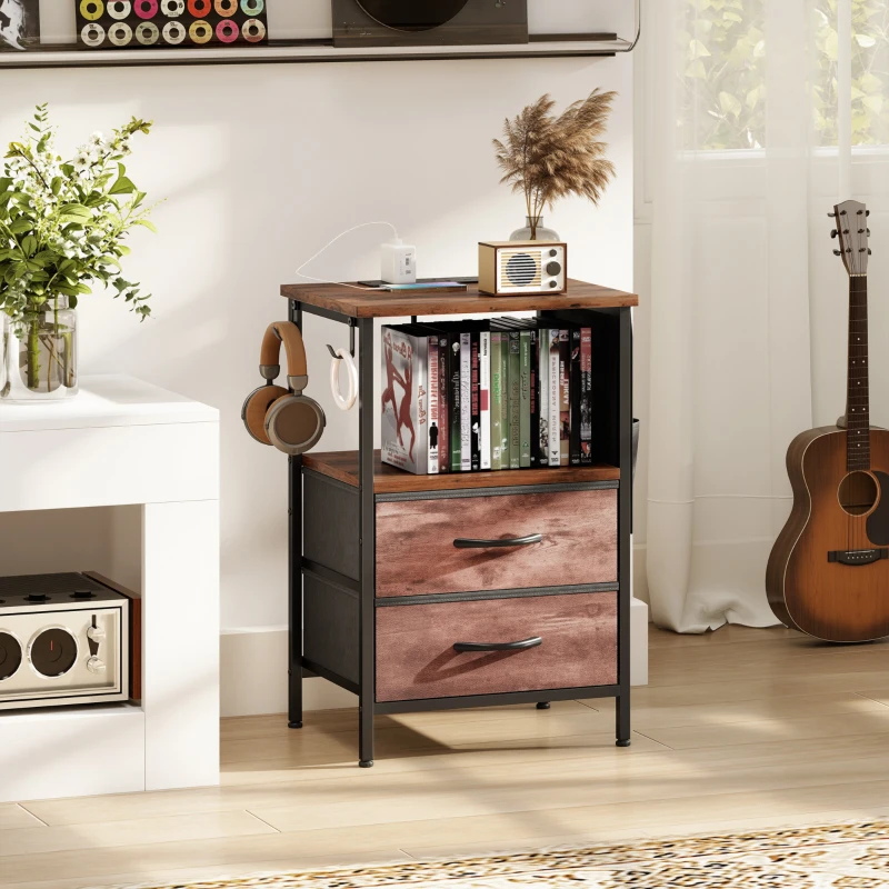 HOMCOM Bedside Table with Charging Station - Rustic Brown