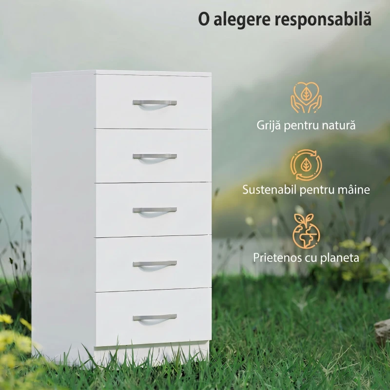 HOMCOM Comodă cu 5 sertare, stil modern, din PAL, 40x35x85 cm, alb
