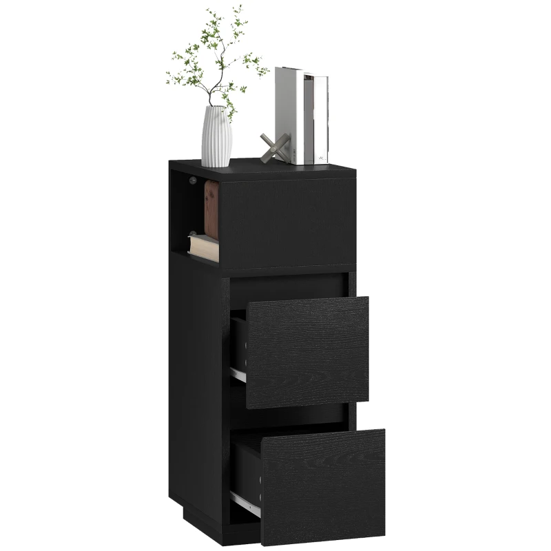 HOMCOM Slim Bedside Table, Narrow Bedside Cabinet with Open Shelf and 2 Drawers for Bedroom, Living Room, Black