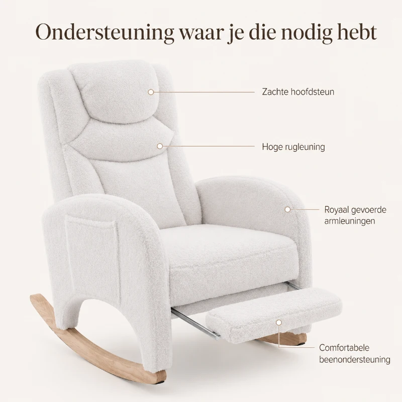 Teddy Schommelstoel met Voetensteun Comfortabele Voedings en Relaxfauteuil met Hoge Rugleuning Wit