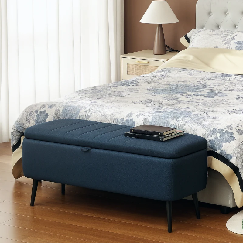 HOMCOM 92 x 31cm Linen-Look Storage Ottoman - Dark Blue