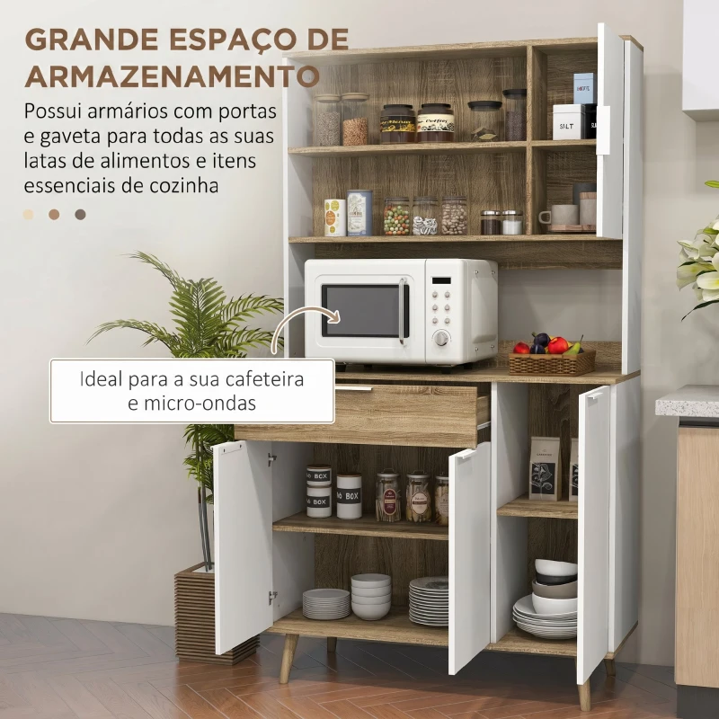 HOMCOM Armário de Cozinha Alto com 4 Portas, Prateleiras Ajustáveis, Gaveta e Compartimentos Abertos, 98x39x180 cm, Branco e Natural