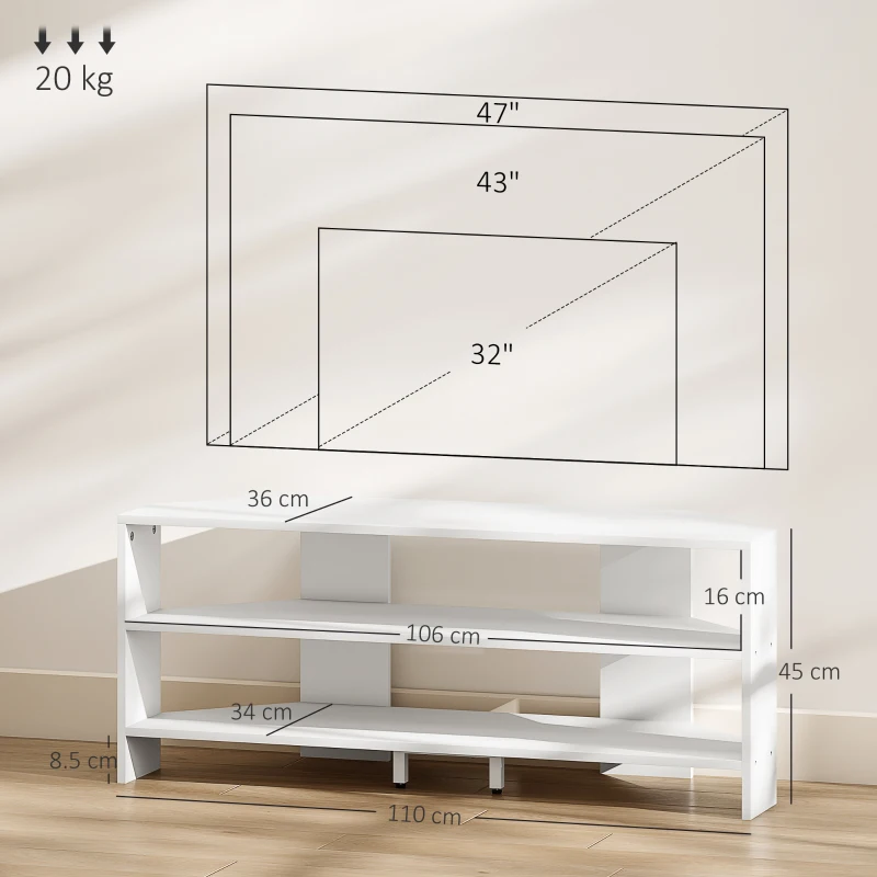 HOMCOM Mobil TV de colț pentru 47" max cu 2 rafturi deschise, din lemn, 110x36x45 cm, alb