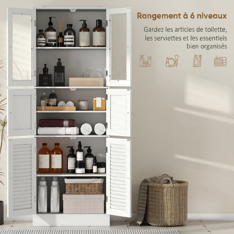 HOMCOM Mobile Bagno con 3 Armadietti a 2 Ante in Vetro e Legno, Ripiani Regolabili, 60x30x170 cm, Bianco