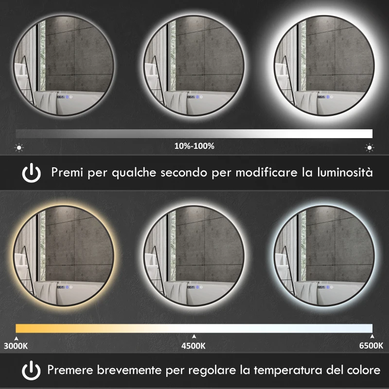 HOMCOM Specchio Bagno con Luce LED Regolabile, Antiappannamento e Display Tempo e Temperatura, Ø70 cm, Nero