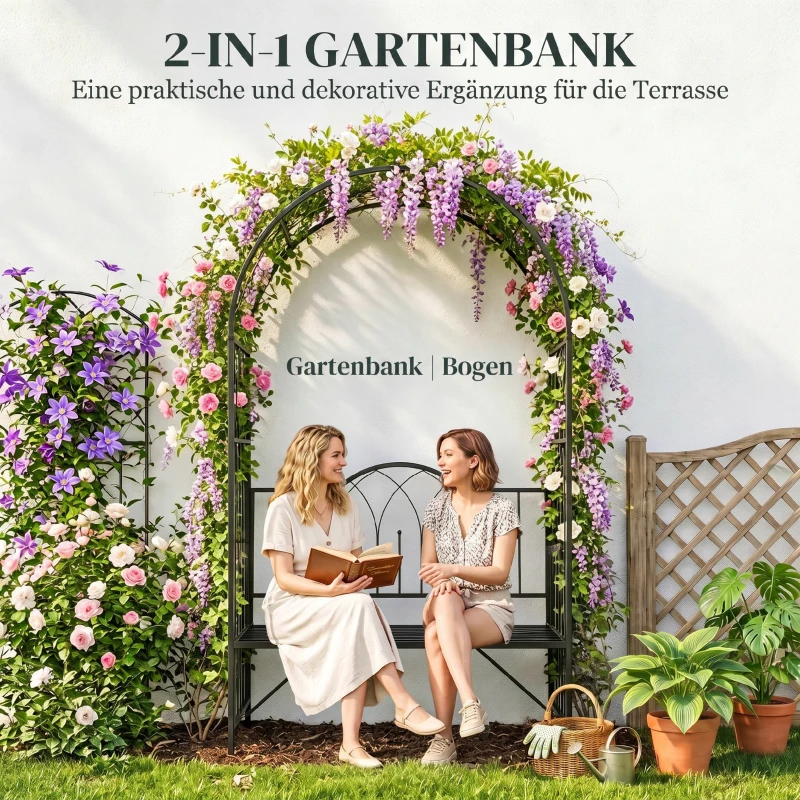 Outsunny Arche à rosiers avec banc pour 2 personnes arceau à rosiers de jardin pour plantes grimpantes 115 x 50 x 203 cm noir