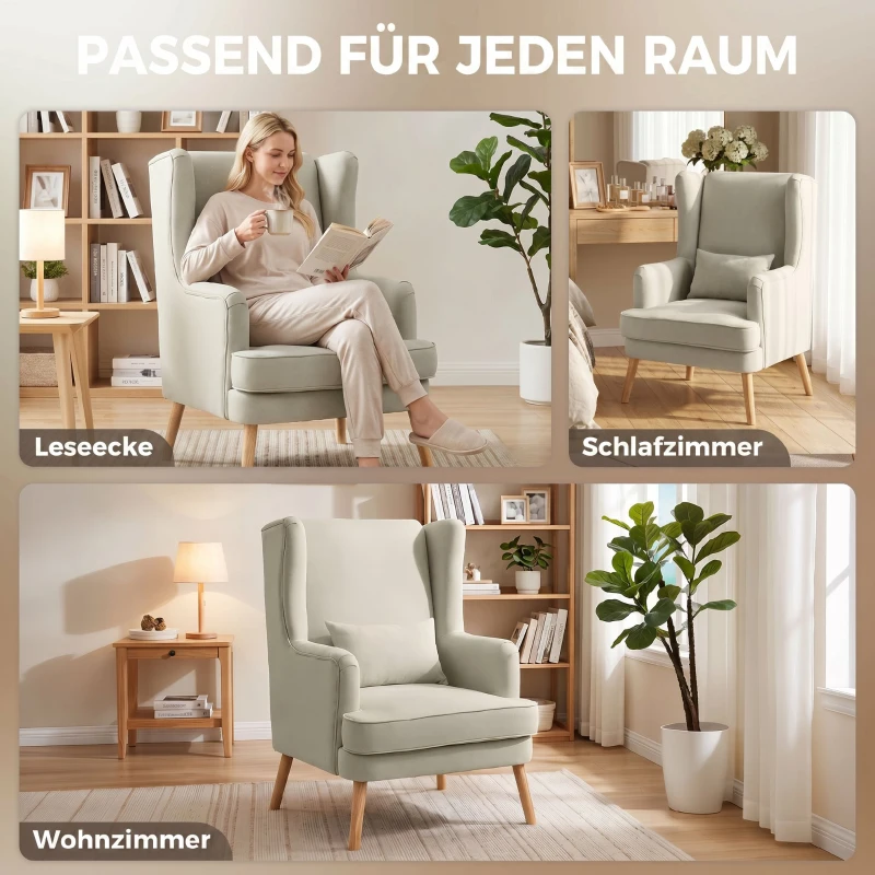 HOMCOM Akzentstuhl, Sessel mit Leinen-Optik, hoher Rückenlehne, breitem Sitz, Lendenkissen, Beige