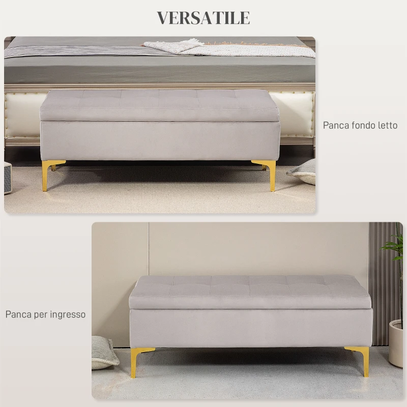 HOMCOM Panca Contenitore Fondo Letto con Tessuto Vellutato e Gambe Dorate, 120x44x44.5cm, Grigio Chiaro