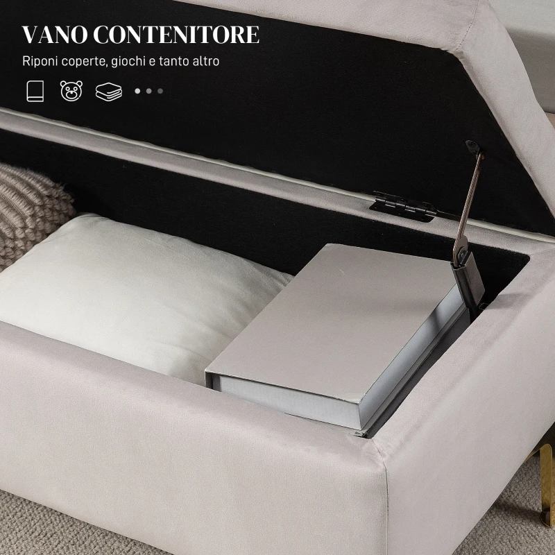 HOMCOM Panca Contenitore Fondo Letto con Tessuto Vellutato e Gambe Dorate, 120x44x44.5cm, Grigio Chiaro