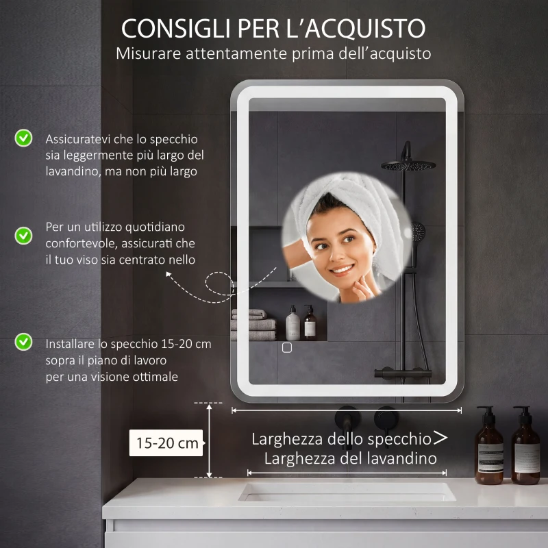 HOMCOM Specchio Bagno con Interruttore Touch, Luce LED a 3 Temperature e Antiappannamento, 70x50cm